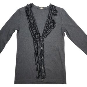 J.Crew‎ Cardigan Sweater Size M Gray Ruffle Lace Trim Cotton Knit LIghtweight